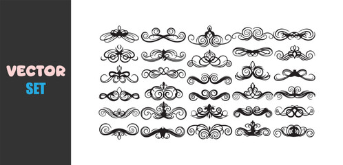 Fototapeta premium Collection of ornate black decorative flourishes and borders on white background