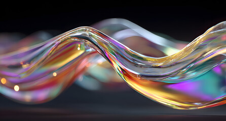 3d iridescent liquid glass ribbon wave line with neon rainbow light texture on abstract black background. Holographic gradient water flow with speed motion effect. Digital tech banner. 3D illustration