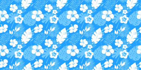 Tropical seamless pattern with hibiscus and tropical leaves. Seamless hawaiian background. Silhouettes of flowers with tropical hawaiian leaves. Hawaii background for printing on t-shirts. © Narin