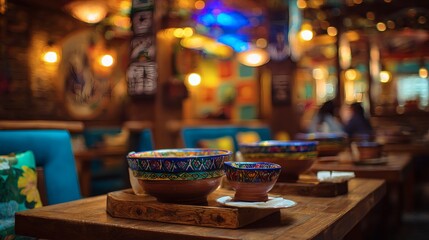 mexican. Colorful decor and wooden tables with traditional pottery fill an authentic Mexican restaurant interior. lifestyle magazines.