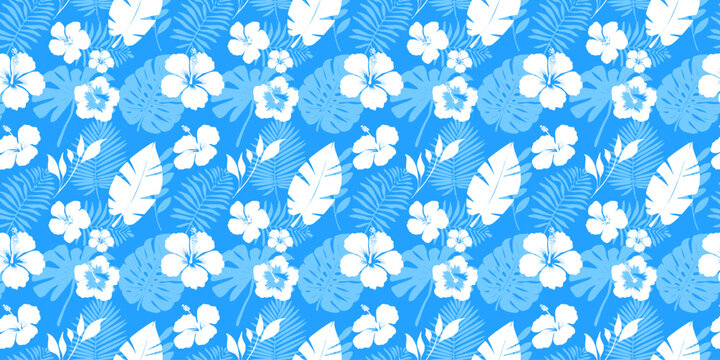 Tropical seamless pattern with hibiscus and tropical leaves. Seamless hawaiian background. Silhouettes of flowers with tropical hawaiian leaves. Hawaii background for printing on t-shirts.