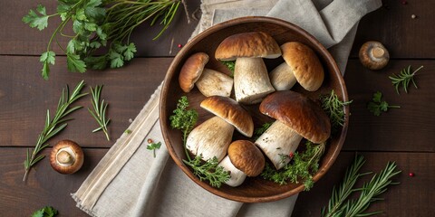 Fototapeta premium Fresh forest mushrooms /Boletus edulis (king bolete) / penny bun / cep / porcini / mushroom in an old bowl / plate and rosemary parsley herbs on the wooden dark brown table, top view background banner