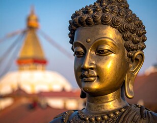 Bronze Buddha statue, blurred temple background