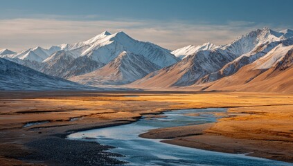 Mountain range, river, and grassland