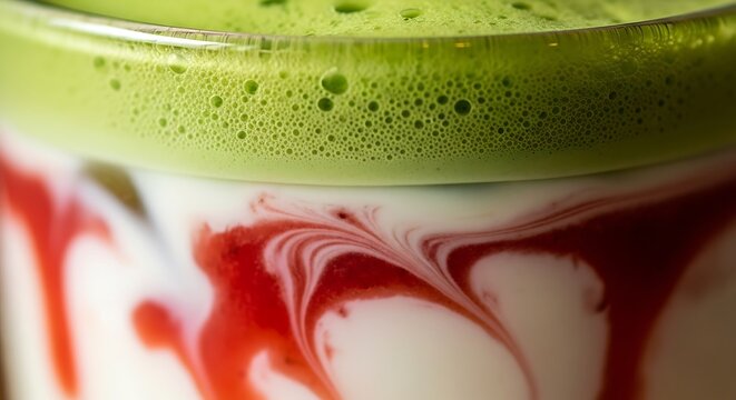 Close-up of a vibrant matcha latte with strawberry syrup swirls, showcasing the rich green foam and red patterns.