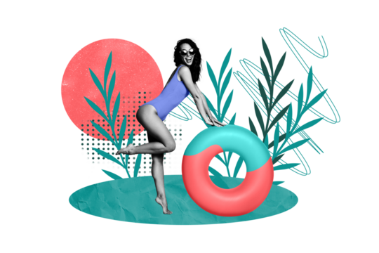 Creative collage picture image young attractive fit cheerful girl bikini flora resort vacation environment drawing background