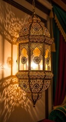 Ornate Hanging Lantern, Golden Light, Decorative Lamp.