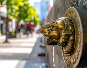 Bronze lion-head water spouts in a city street