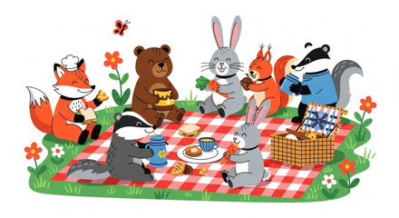 Charming illustration of woodland animals enjoying a picnic, perfect for childrens books, greeting cards, or naturethemed designs