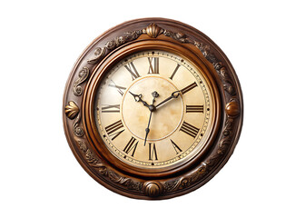Antique wooden wall clock with Roman numerals and ornate frame time vintage isolated on a transparent background