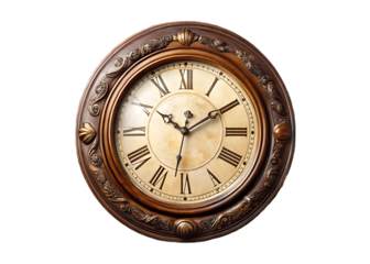Antique wooden wall clock with Roman numerals and ornate frame time vintage isolated on a transparent background
