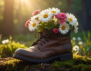 Brown boot filled with flowers in a sunlit forest
