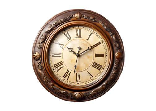 Antique wooden wall clock with Roman numerals and ornate frame time vintage isolated on a transparent background