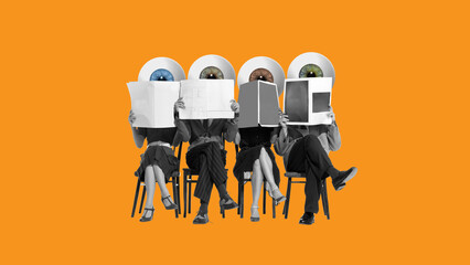 Graphic composition. Four seated figures with eyeball heads reading newspapers on orange...