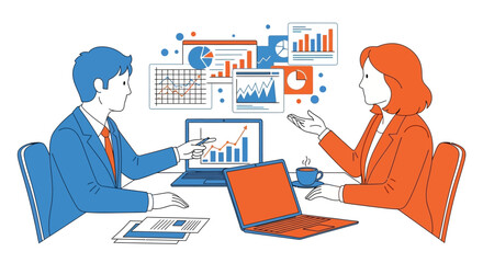 Business meeting illustration showcasing data analysis and collaborative decision making in a