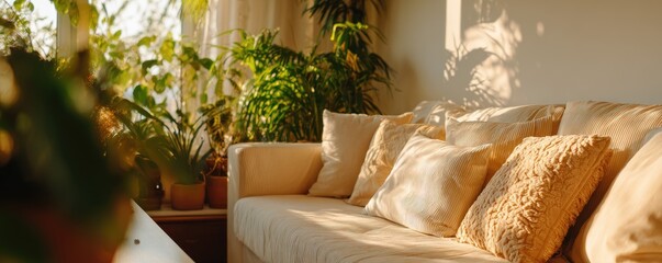 A sunlit living room interior showcases a light beige sofa adorned with various throw pillows, bathed in the warm glow of natural light filtering through a window filled with lush greenery.