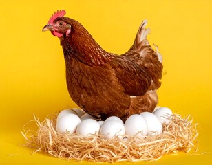 Brown hen with eggs in a nest against a bright yellow background