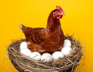 Brown hen in a nest with eggs