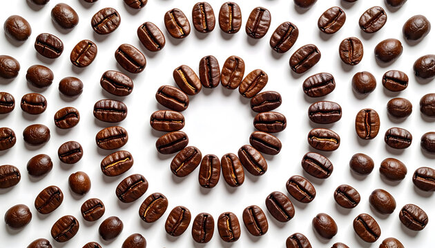 Roasted coffee beans arranged in a circular pattern on a white background. - Powered by Adobe
