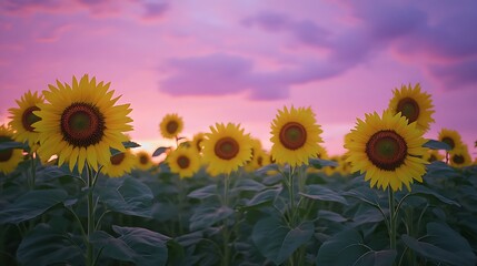 Obraz premium Vibrant Sunflower Field Pink Purple Twilight