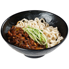 Black Bowl of Noodles with Meat Sauce and Cucumber Garnish