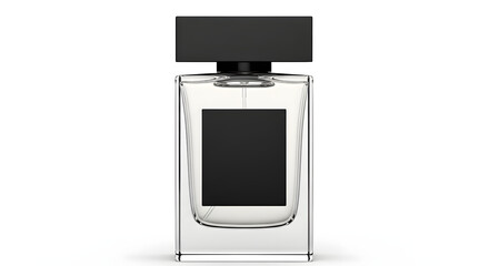 Elegant clear glass perfume bottle with black label and cap