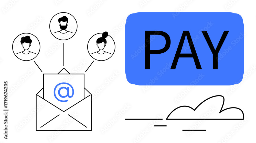 Aufkleber envelope with email icon linked to user avatars, large pay text block, and a cloud element. ideal fo