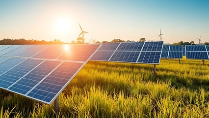 Solar panels in a sunlit field, representing sustainable energy and environmental care.