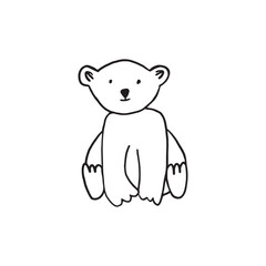 Cute black and white line drawing of a sitting bear . Minimalist doodle animal illustration isolated on white background