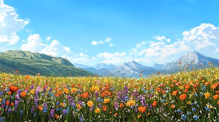 Fototapeta premium Vibrant Wildflower Meadow Majestic Mountains Sunny Day