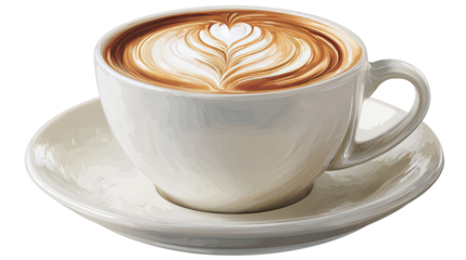 Cup of cappuccino with saucer plate freshly brewed coffee hot beverage with frothy milk foam isolated on white background