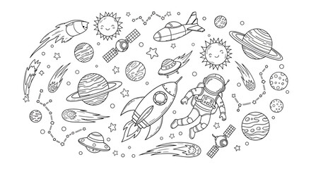 Cute Cartoon Space Illustration for Coloring Book