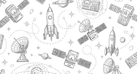 Detailed Hand-Drawn Space Exploration Elements with Rockets, Satellites, and Planets.