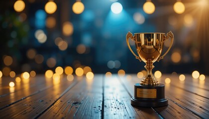 A wooden table with lights and a golden trophy cup