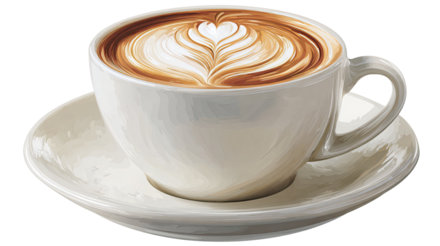 Cup of cappuccino with saucer plate freshly brewed coffee hot beverage with frothy milk foam isolated on white background