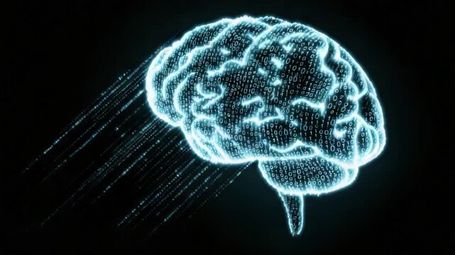 Abstract glowing blue brain formed from cascading binary code particles, symbolizing artificial intelligence, machine learning, data processing and futuristic digital cognition on black background