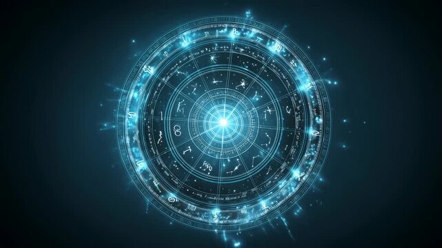 Zodiac and Prediction concept ,mystic blue zodiac circle astrology wheel glowing cosmic mystical futuristic chart sparkling