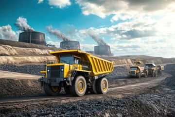 Heavy trucks transporting coal at a mining site under a dramatic sky