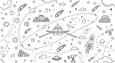 Whimsical Black and White Space Exploration Doodle with Planets and Rockets