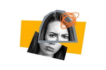 Creative poster collage young woman confused separated face fragments drawing doodles dilemma think brainstorming find solution