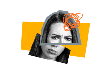 Creative poster collage young woman confused separated face fragments drawing doodles dilemma think brainstorming find solution