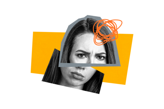 Creative poster collage young woman confused separated face fragments drawing doodles dilemma think brainstorming find solution