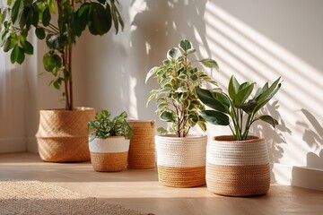 Fototapeta premium Cozy indoor plants in woven baskets