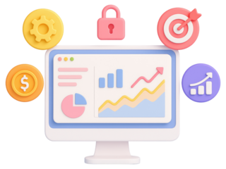 3D computer monitor with financial dashboards and business growth icons screen chart isolated on a transparent background