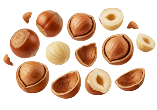 Fresh whole, shelled, and halved hazelnuts floating mid-air against a transparent background with copy space, showing creamy interiors, concept for food advertising
