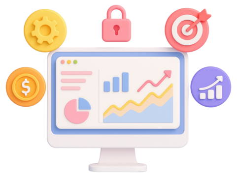 3D computer monitor with financial dashboards and business growth icons screen chart isolated on a transparent background