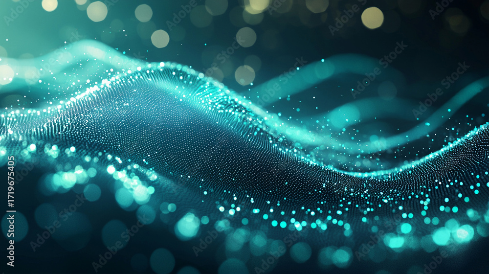 Poster futuristic teal particle wave with glowing dots on dark background and smooth flowing digital patter