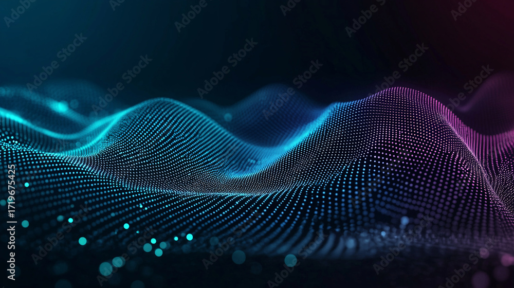 Poster abstract turquoise and violet wave of glowing particles on dark background with futuristic texture, 