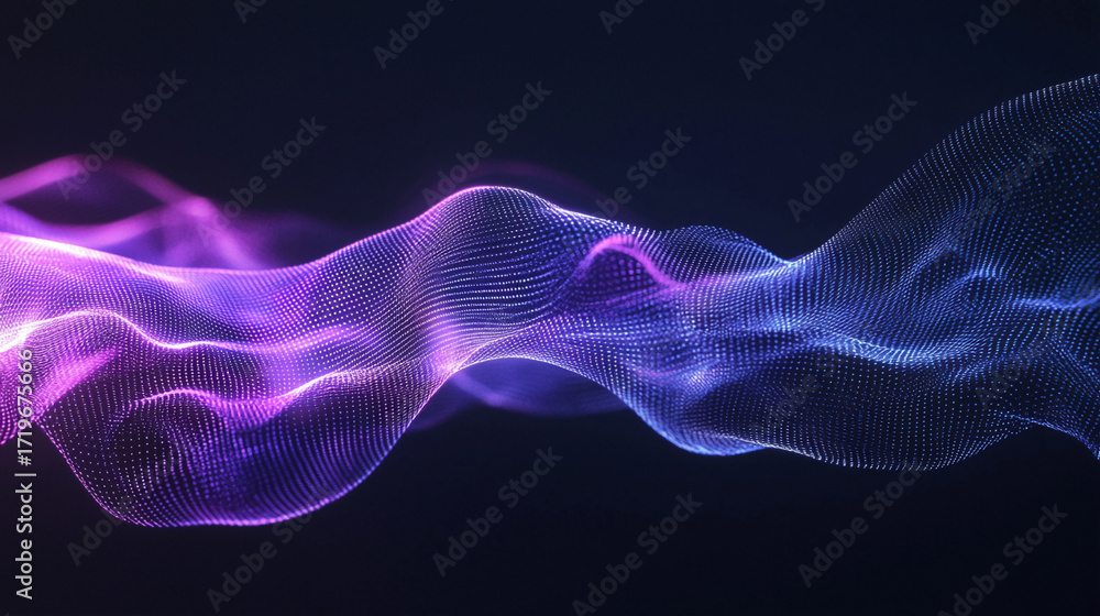 Poster futuristic digital wave of purple and blue glowing particles on dark background with dynamic flowing
