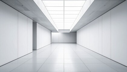 Minimalist hallway with glossy white floor, white walls, and rectangular ceiling lights